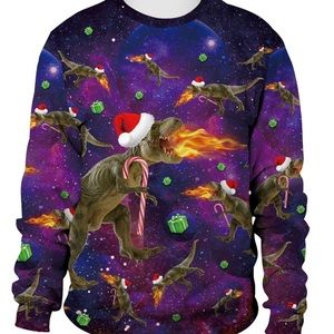 Flaming T-Rex in Space Christmas Sweatshirt